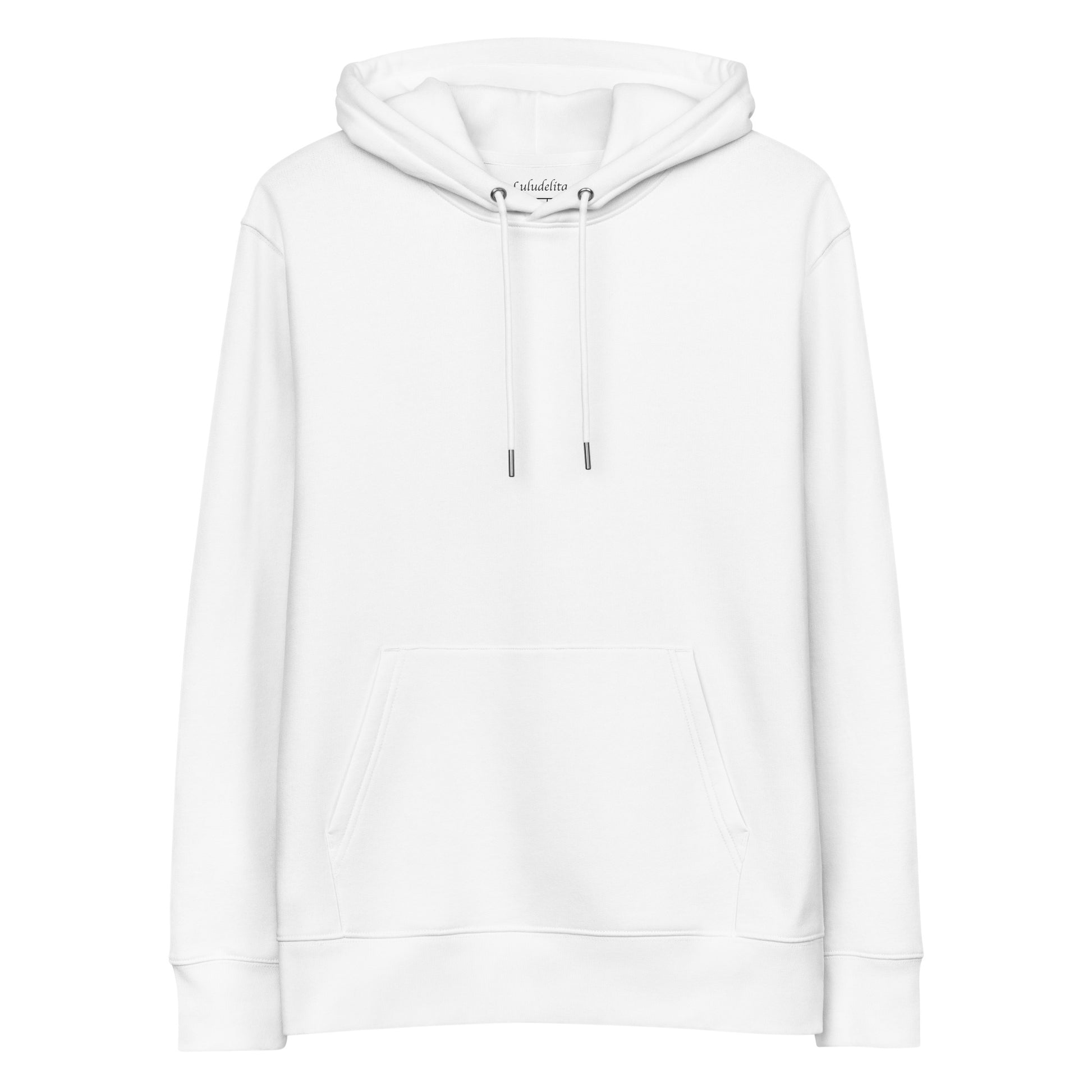 A front view of a high quality unisex organic cotton white hoodie 