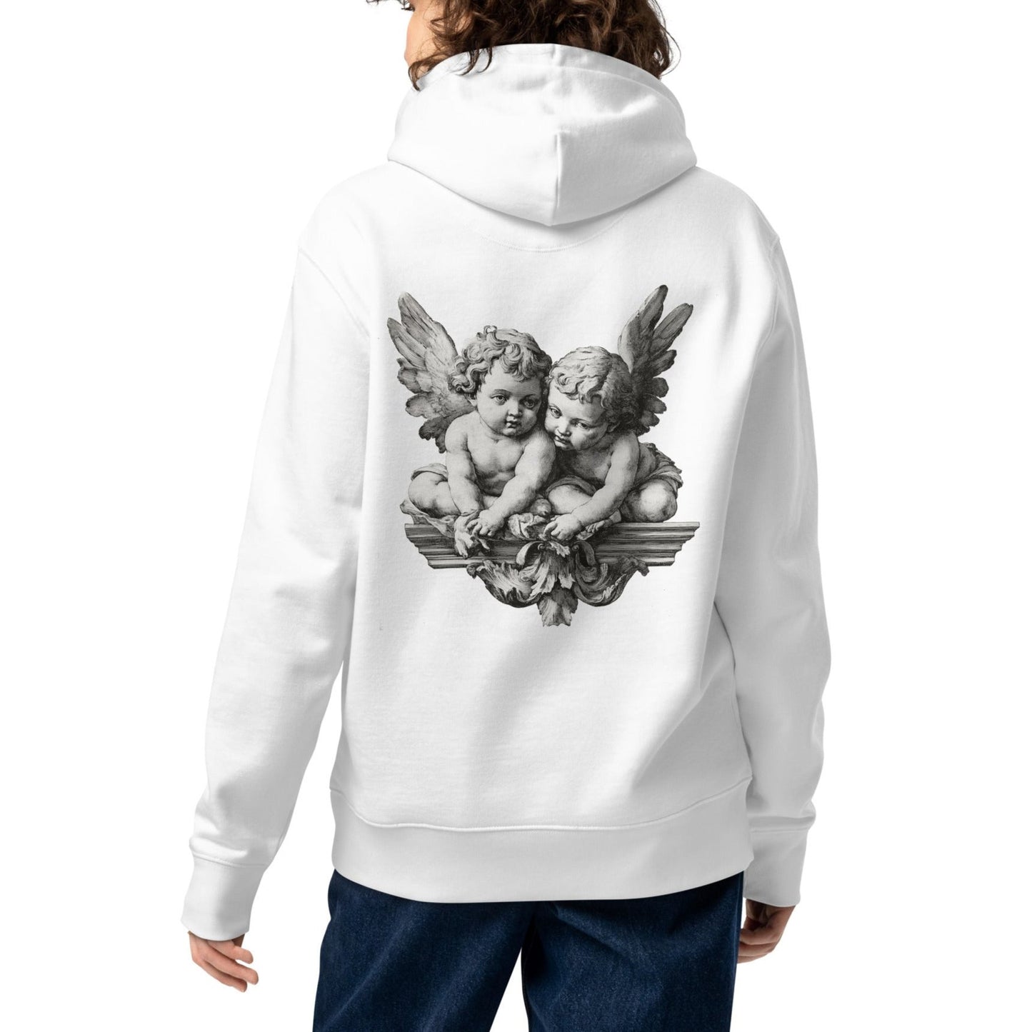 Female model wearing an angel print white hoodie