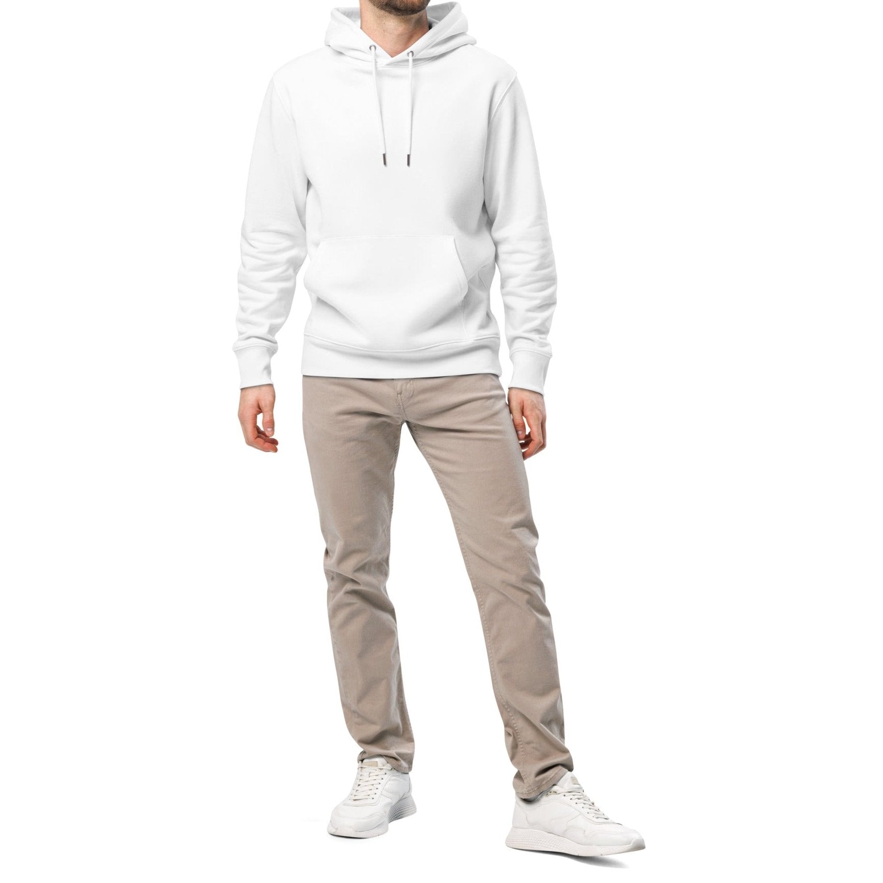 a male model wearing a white hoodie