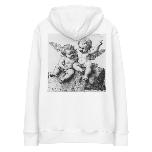 White Organic Cotton Hoodie with Cherub Print at back - Unisex, Men's and Women's