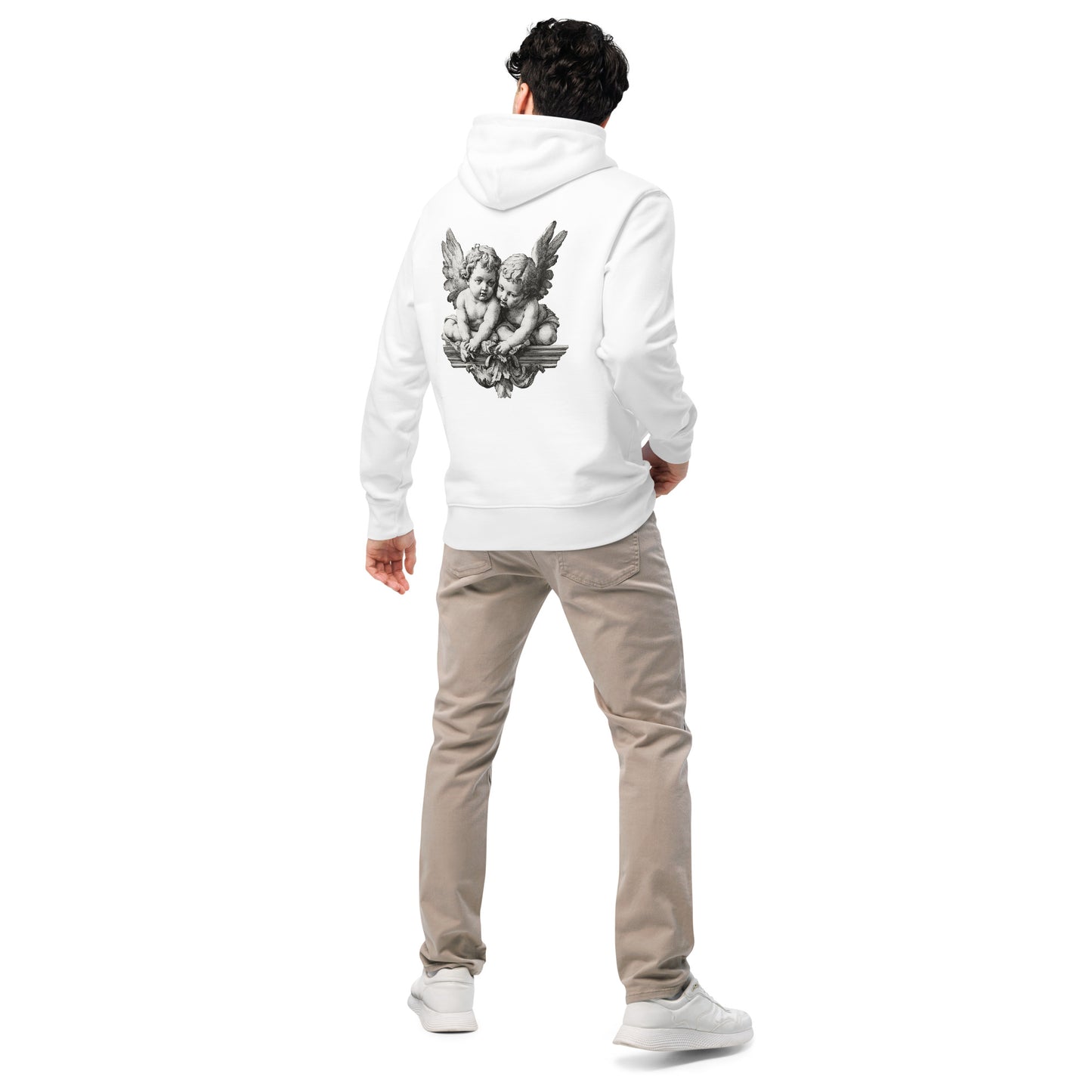 A male model wearing a angel print white hoodie