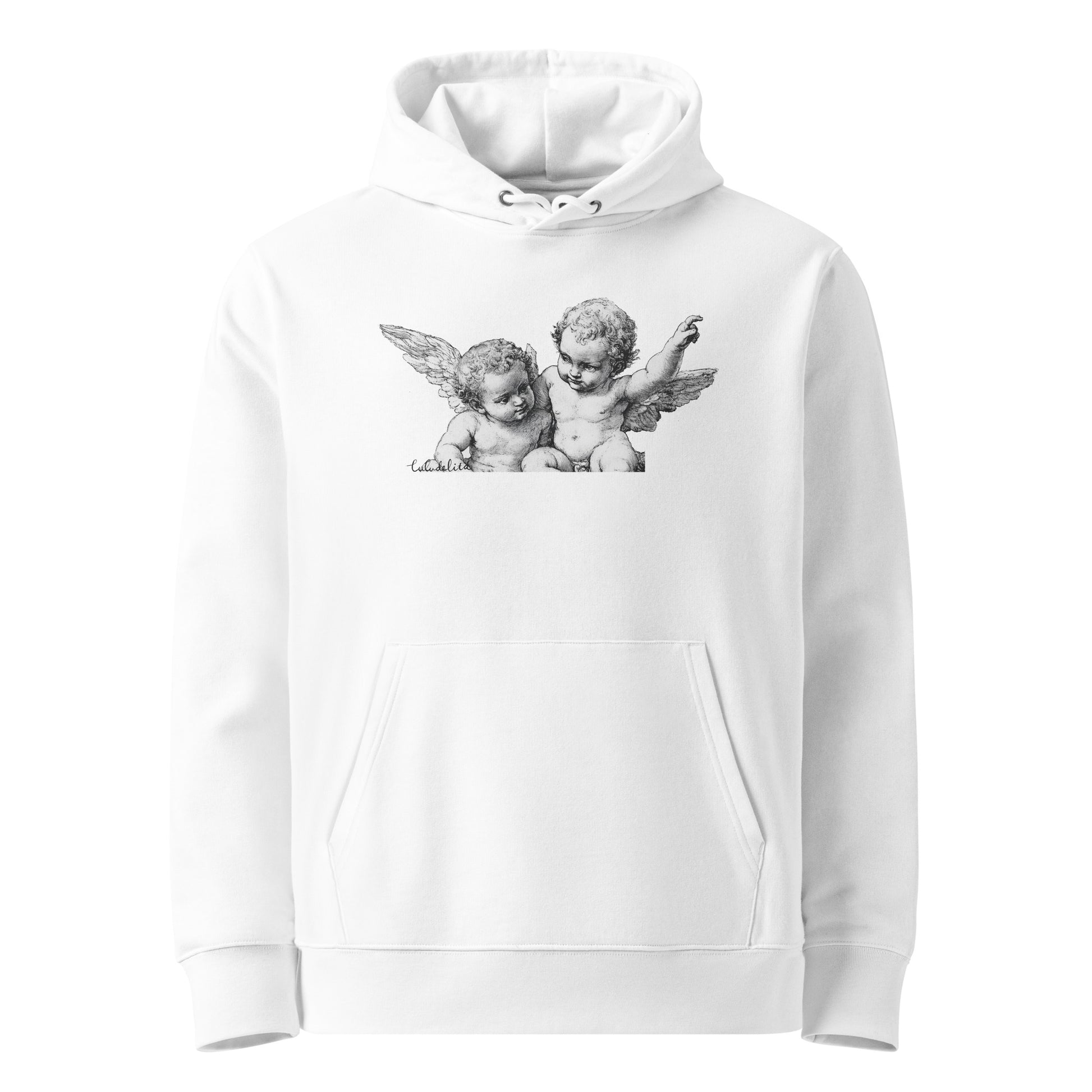 Front view of white organic cotton hoodie with classic angels print design.