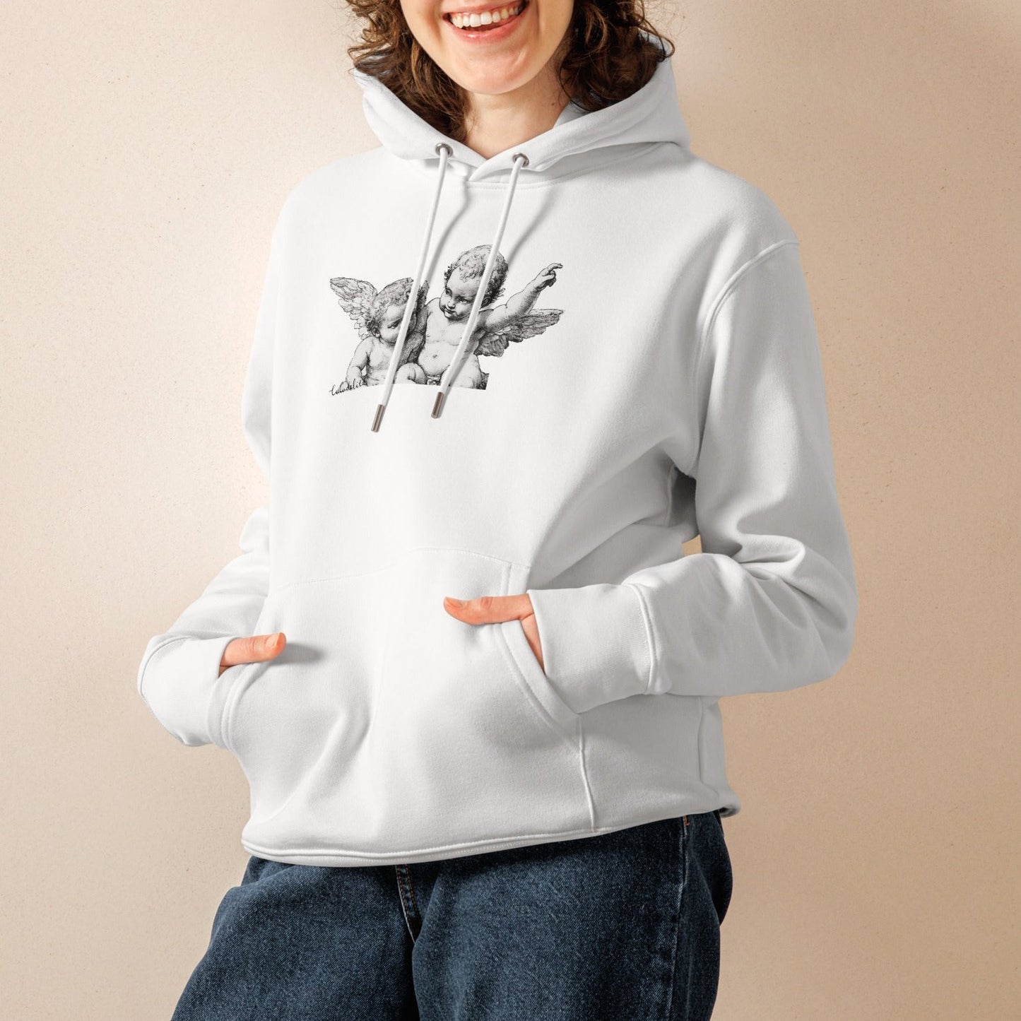 Woman model wearing angels print white hoodie 