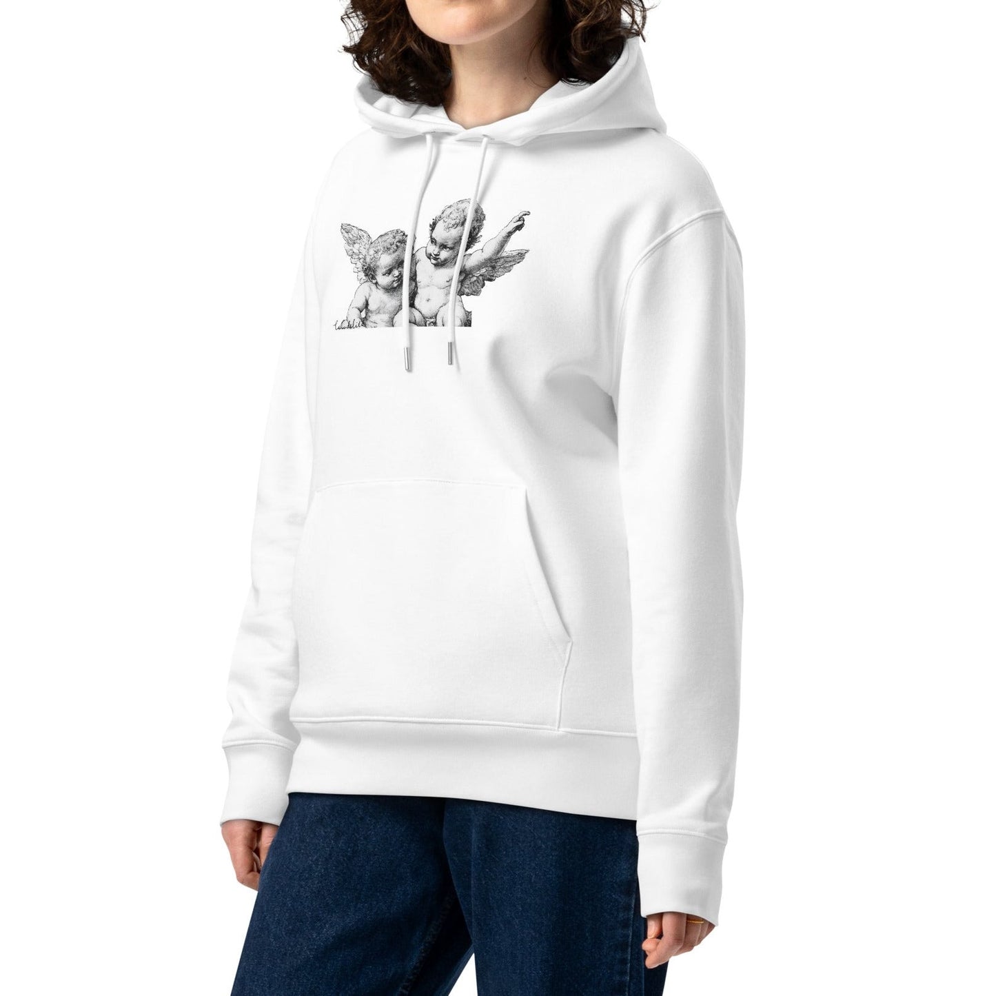 Model wearing a unisex white hoodie with angel print in front