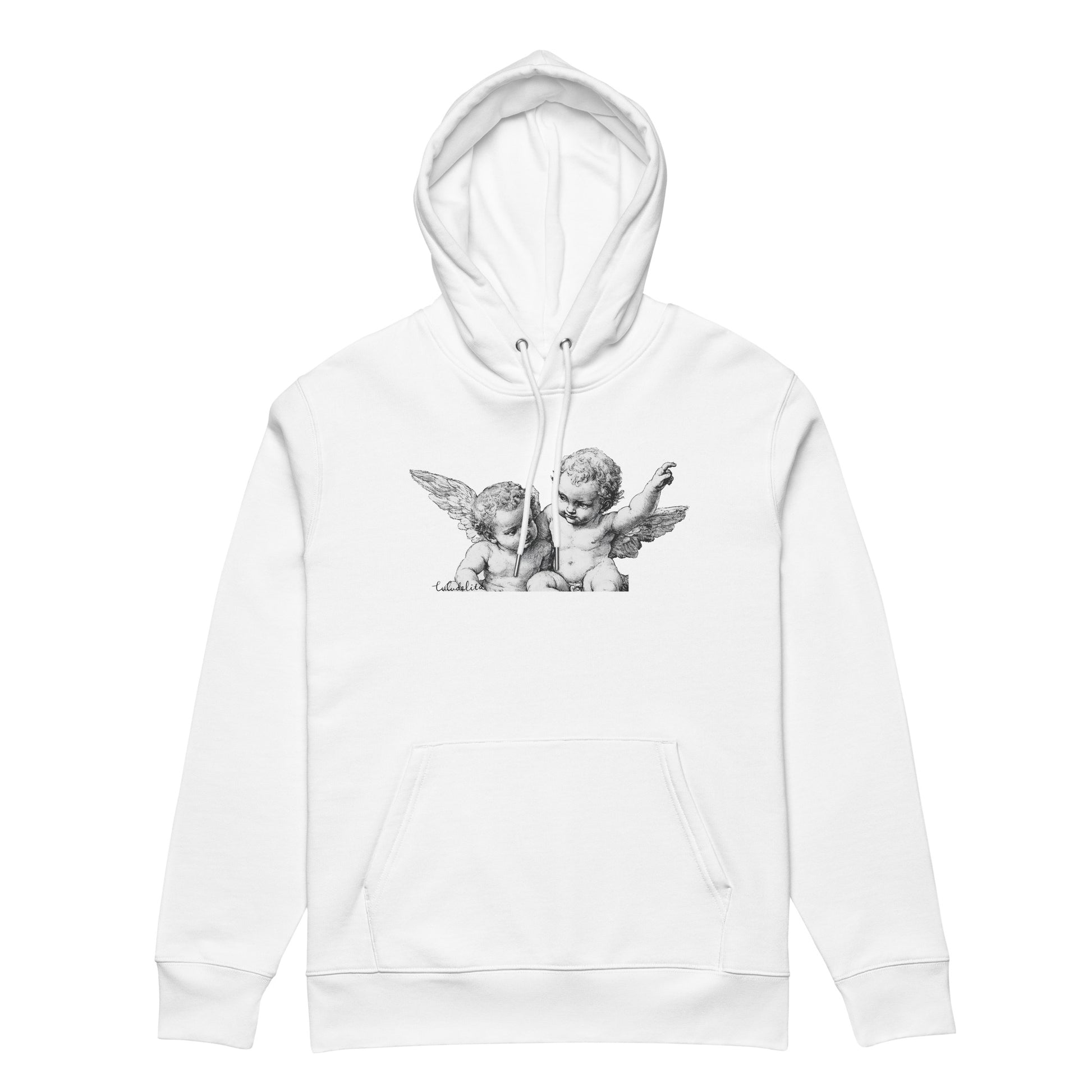 Front view of a high quality white hoodie with angel print 