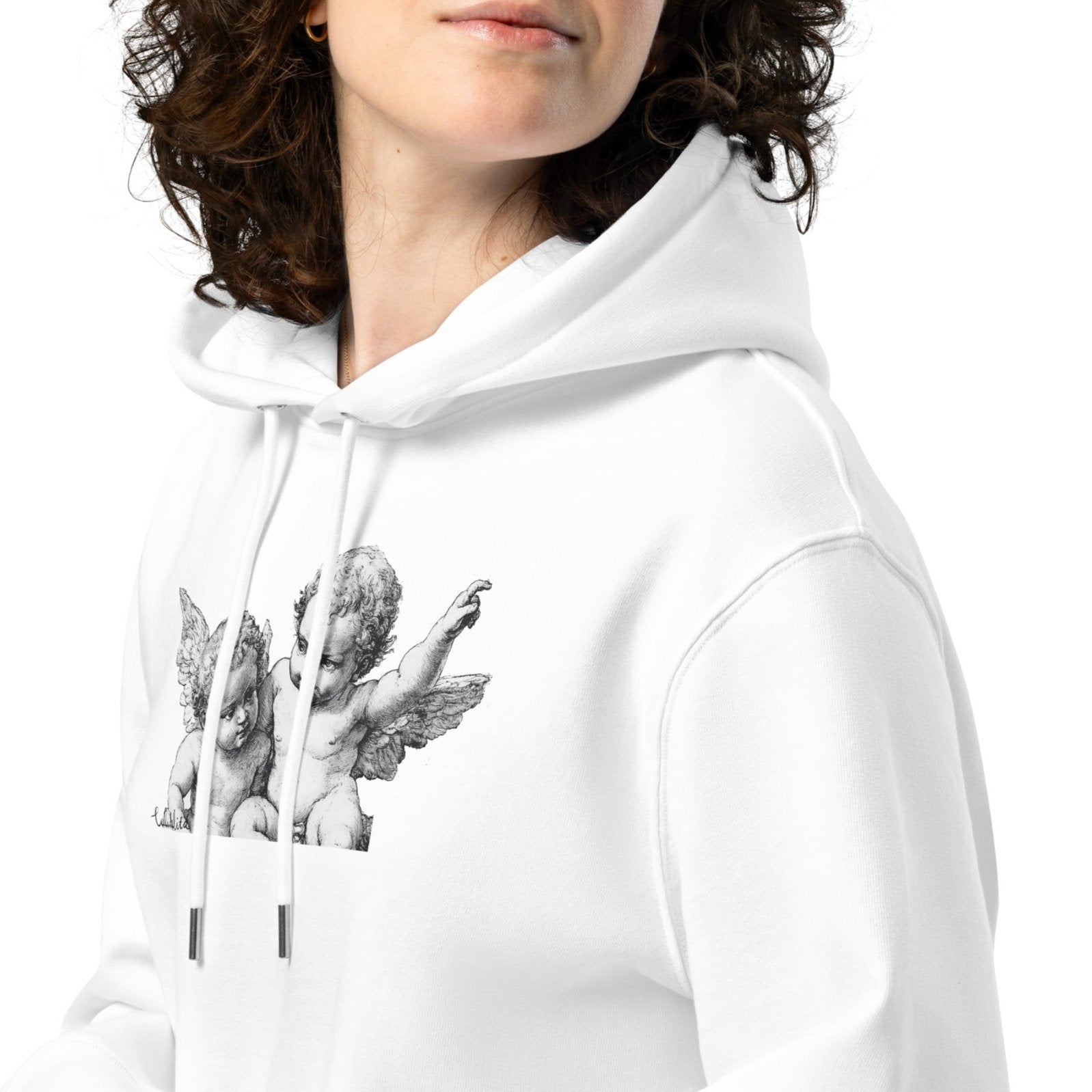 Close-up of angels print on front of eco-friendly hoodie