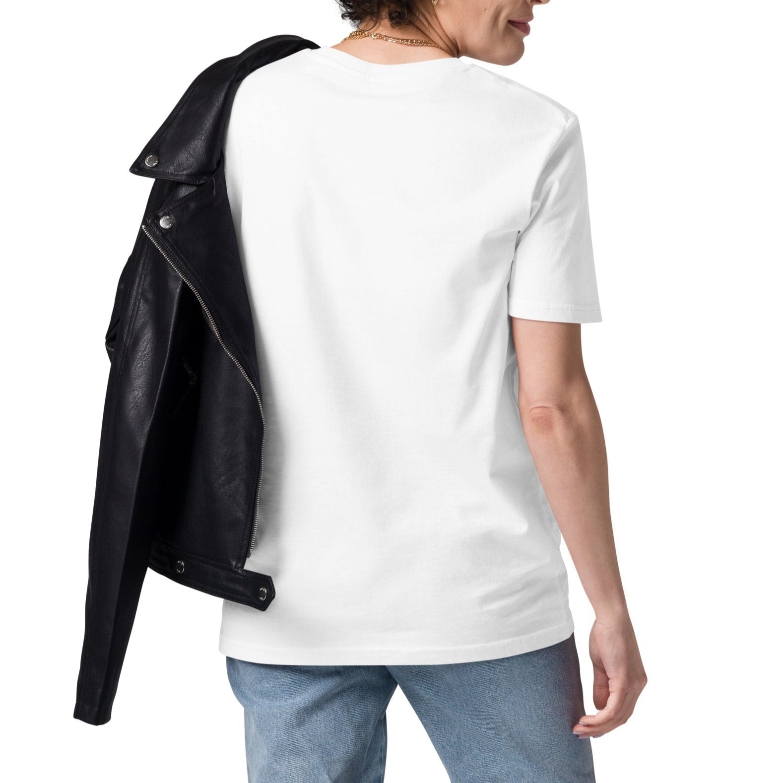 model wearing white t-shirt with a leather jacket back view