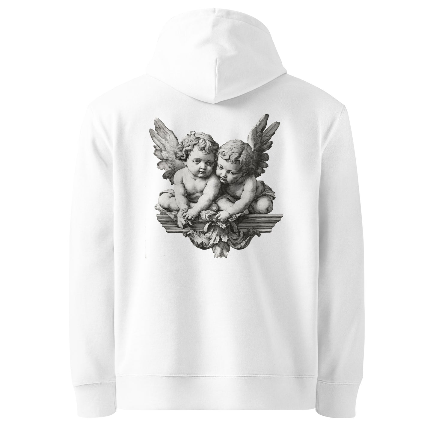 back view of a quality white hoodie with classic angel print design for men and women